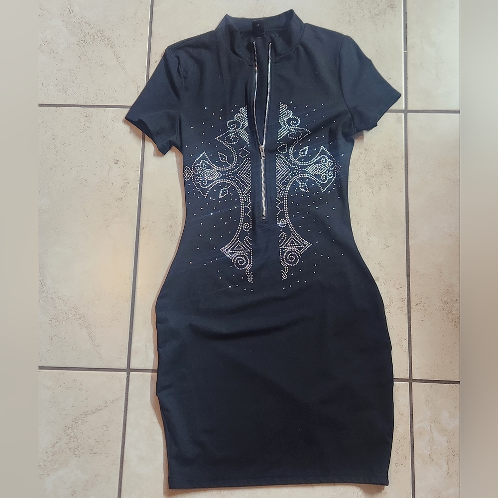 Black Mini Dress with Silver Embellishments, Bodycon, Size XS